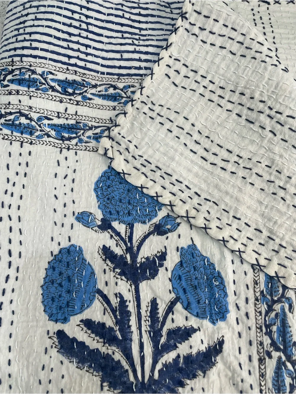 Kantha Blue/White Floral Quilt Top Queen Size 90 X 108 hand stitched